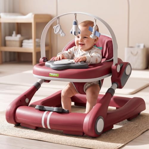 Image of Baybee Walker for Kids for 6 to 18 Months with Push Mode, Kick Play Music, Height Adjustable, Foldable Design, Musical Toy Panel and Food Tray, Walking Supporter for Baby (Red)