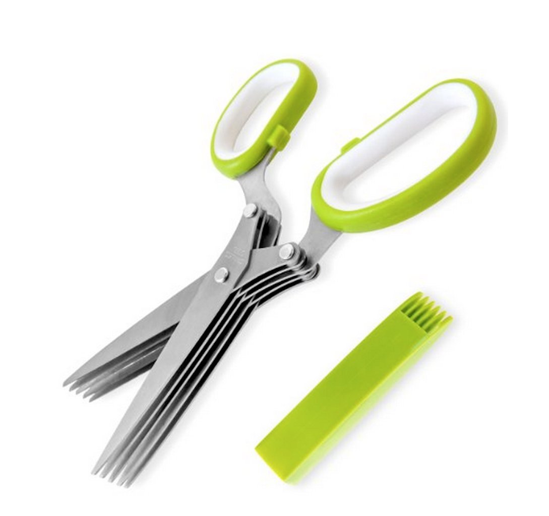Gela SC-0282-GW Herb Scissors with 5 Blades and Safety Sleeve/Cleaning Brush, Green/White