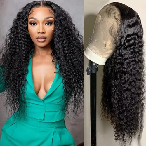 Image of Nsvnsv 13x6 Deep Wave Lace Front Wigs Human Hair Wigs for Women 180% Density HD Transparent Deep Curly Lace Frontal Wigs Human Hair Pre Plucked with Baby Hair Natural Color 22 Inch