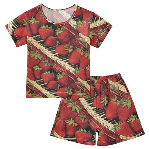 ALAZA Vintage Strawberries Piano Keys Music Pajama Set Short Sleeve Sleepwear Soft Lounge Nightwear