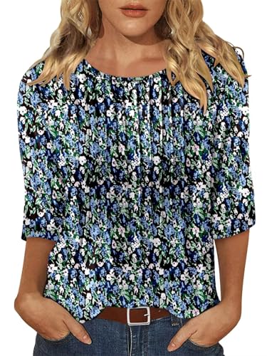 KISSMODA Tunic Tops for Women Loose Fit Dressy Round Neck Pleated 3/4 Length Sleeve Spring Tops