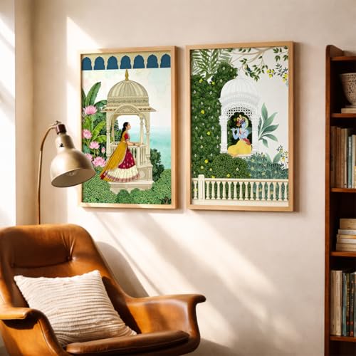 Image of TheMakerly Traditional Indian Wall Painting Set of 2 | Radha Krishna Wall Art Frames | Vintage Religious Wall Decor for Living Room Bedroom Home Temple (KR04, 13x19 inches)
