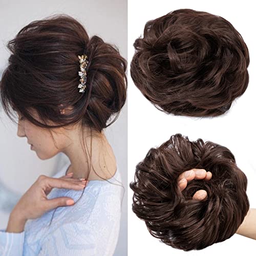 Cybelleza Moño Postizo Rizado Extensiones de Pelo Sintético Coletero Peinado Rizado con Goma Grueso Mujer Extensiones de cola de Cabello Ondulado Desordenad Se Ve Natural (Marrón claro) Cover