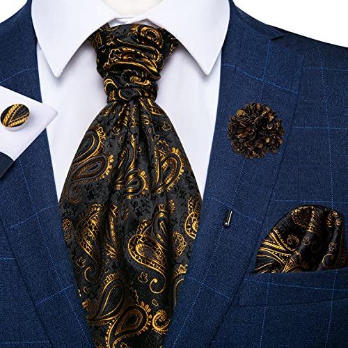 Image of DiBanGu Mens Silk Ascot Ties Paisley Jacquard Woven Cravat and Pocket Square Cufflinks with Lapel Pin for Business Wedding