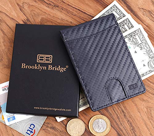 Image of Brooklyn Bridge Genuine Leather Money Clip Wallet for Men Carbon Fiber Black - Premium Slim RFID Protected Wallet with Cash Clip & Multiple Card Slots, Stylish Front Pocket Design, Gift for Men