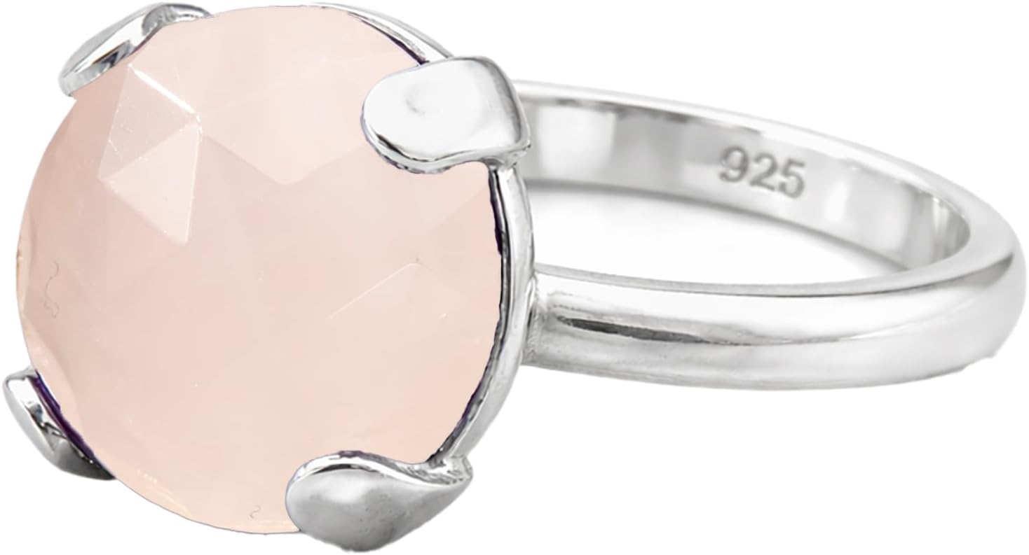 925 Sterling Silver Round Gemstone Ring for Women | Rhodium Plated 10mm Natural Stone Jewelry | Handmade 4 Prong Claw Set Statement Ring | Elegant Crystal Gift for Her | Birthstone Chakra