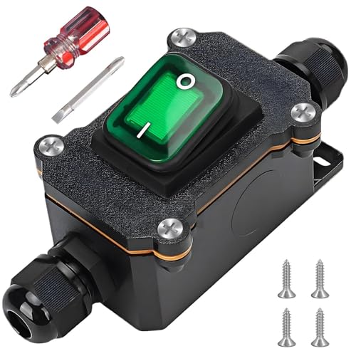 Wasserdichter Inline Schalter 12V DC 20A DPST 4 Polig, Acboor IP65 12v Schalter Kabelschalter Schnurschalter Ein und Aus Wippschalter Wasserdicht für Auf Beiden Seiten Ein und Ausgang - grüner Knopf