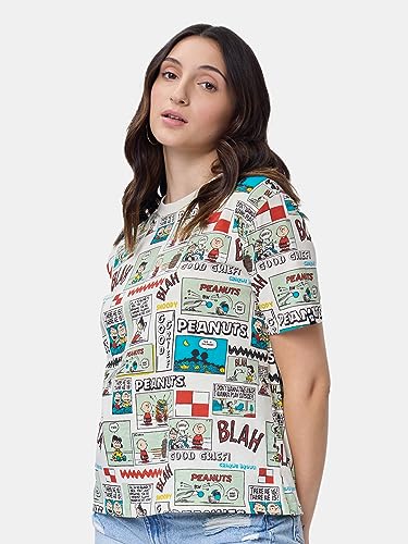 Image of The Souled Store Official Peanuts: Old School Women and Girls Relaxed fit Graphic Half Sleeve Cotton White Color Women Relaxed Fit T-Shirts