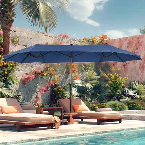 PHI VILLA 13 ft Outdoor Patio Umbrella, Large Rectangular Double Sided Market Table Twin Umbrellas with Crank Handle for Deck Pool, Navy Blue
