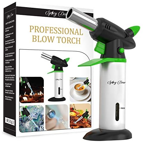 Spicy Dew Blow Torch - Creme Brulee Torch - Refillable Professional Chefs Culinary Kitchen Torch with Safety Lock and Adjustable Flame - Micro Butane Torch with Fuel Gauge - Cooking Food Torch Cover