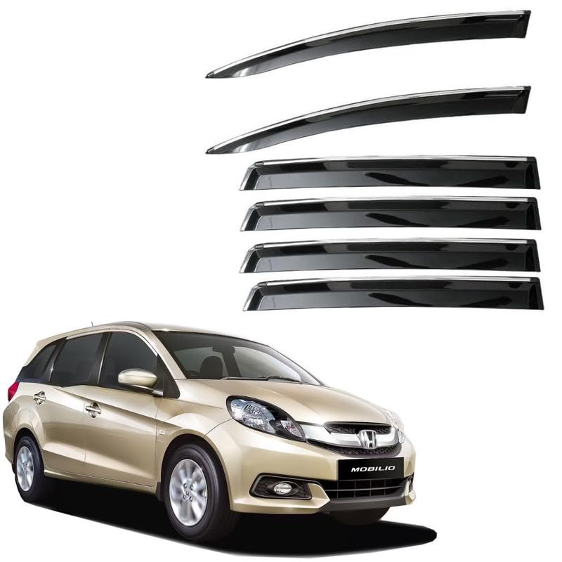 Image of CAR SAAZ Unbreakable Side Window Door Visor for Mobilio (2014-2017) | Chrome Smoke Finish | Rain & Wind Deflector - Set of 6 Pcs