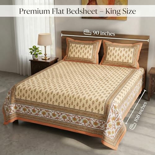 Image of Mafatlal 144 TC Heritage 100% Cotton Rajasthani Jaipuri Traditional Floral King Size Queen Bedsheet with 2 Pillow Covers (90x108 inches) - Copper Orange