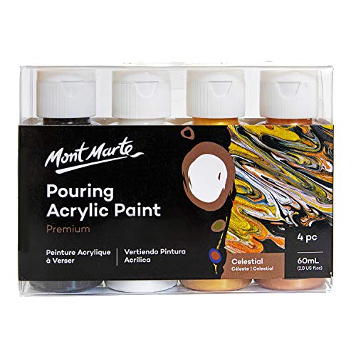MONT MARTE Pinturas Acrilicas Pouring Set Celeste – 4 piezas x 60ml – Pinturas acrílicas premezcladas con Pouring Medium – Lámparas Negro, Blanco de Titanio, Oro, Bronce