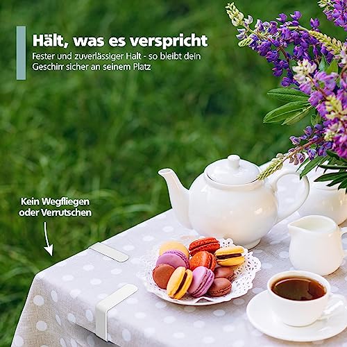 Foto von virea 8 x Tischtuchklammern Weiß für Plattenstärke von 3cm - - Tischdeckenklammern aus Edelstahl für innen und außen - - Leicht abwaschbare Tischtuchklemmen - - Klemmen mit abgerundeten Kanten