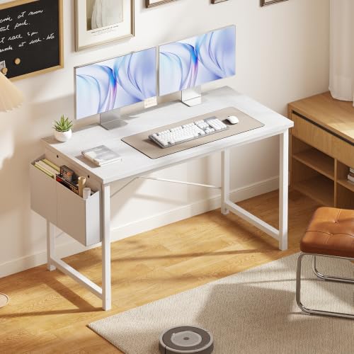 Image of OLIXIS Computer Desk, 47 Inch Gaming Desks for Home Office Small Spaces | Writing Study Craft Work Table, Computer Workstation for Bedroom with Storage Bag, All White