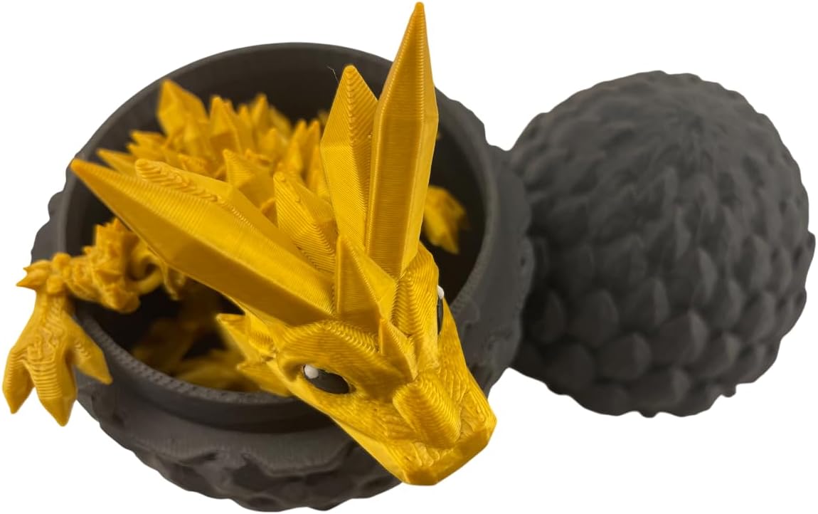 3D Printed Baby Crystal Dragon - Articulating Fidget Toy, Enchanting Gift for Dragon Lovers (Gold Dragon Black Egg)