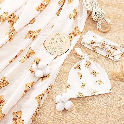 Image of BabyWhale Muslin Swaddle Blanket with Hat and Headband Bow, Bear Pattern Swaddle Set for Baby Boys ＆ Girls, Newborn Breathable Receiving Blanket Wrap, Large 47x47 inches