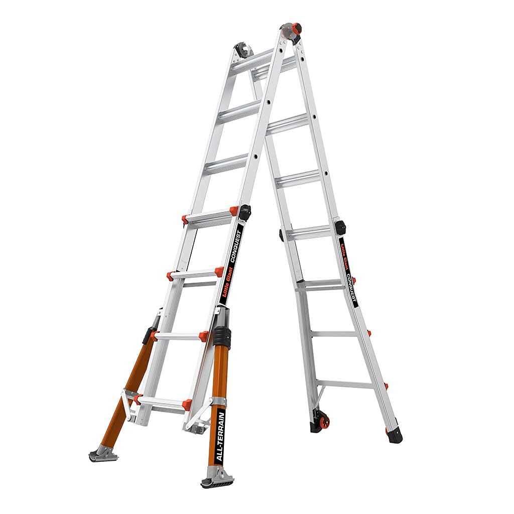 Little Giant Leitern 1304-024 Conquest All-Terrain Mehrzweckleitern, 4 Stufen, seitlich montierte Stabilisatorstangen, schwere Konstruktion in Militärqualität, EN131