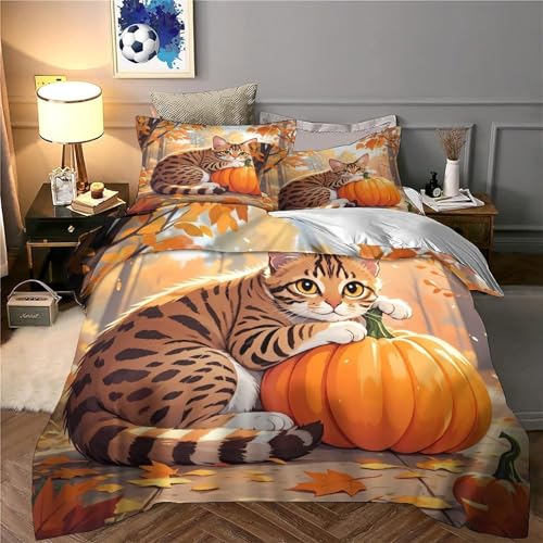 Housse de Couette Chat d'Automne 140x200 Parure Lit Microfibre - 6
