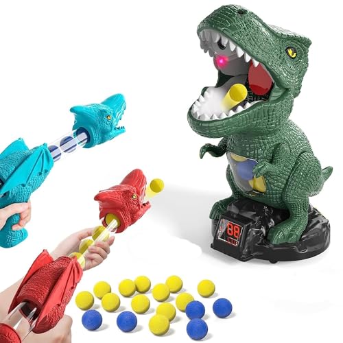 GIVOKE Movable Dinosaur Shooting Toys for Kids, Electronic Target Game Toy with Spraying, Pump Guns, Foam Balls, Score Record, Sound, Party Favor Toys for Boys Girls (2 Air Pump Guns, 24 Foam Balls)