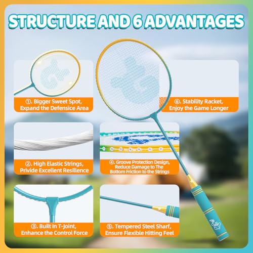 Badminton Rackets Set of 4 for Outdoor Backyard Games,Including 4 Rackets, 6 Nylon Shuttlecocks, 4 Replacement Grip Tapes and 1 Carrying Bag, Lightweight Badminton Racquets for Kids Adults Beginners - Thumbnail 3