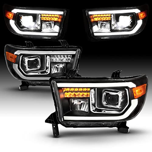 AmeriLite for 2007-2013 Toyota Tundra | 2008-2017 Sequoia [Full LED] Light Tube DRL Turn Signal Square Projector Headlight Set - Passenger and Driver Side