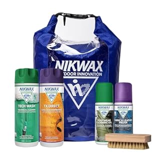 Nikwax OUTDOOR COMPLETE PROTECTION KIT, Cleaning & Waterproofing for Shoes and Clothes, Spray Protector, Tech Wash Cleaner + TX Direct + Shoe Cleaning Gel + Fabric and Leather Proof + Brush + Dry Bag