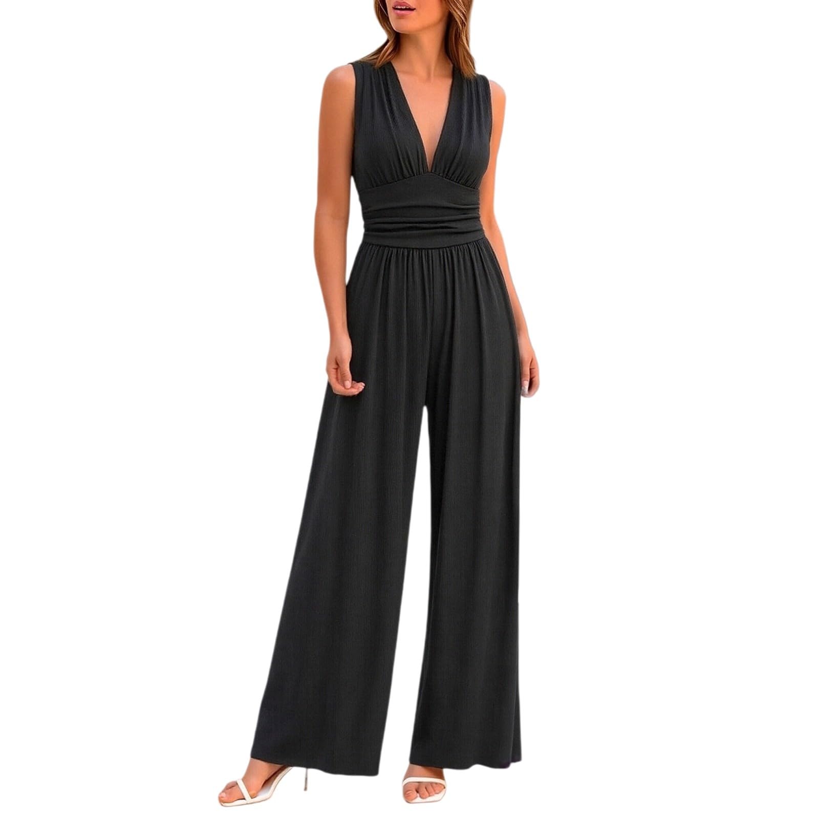 Tuta Elegante Donna Cerimonia Curvy,Jumpsuit Lunga Intera Senza Maniche Scollo a V Casual,Salopette Estiva Pantaloni Larghi Slim Fit,Monopezzi Tutina Festa Da Sera,Overalls Cocktail Jumpsuits