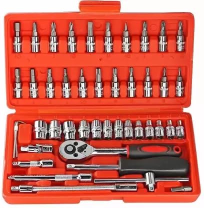 GLAMAXY 46 In 1 Pcs Tool Kit For Home Use Spanner Set Bike Tool Kit Set Goti Pana Set Socket Set (Pack Of 46, Flat)