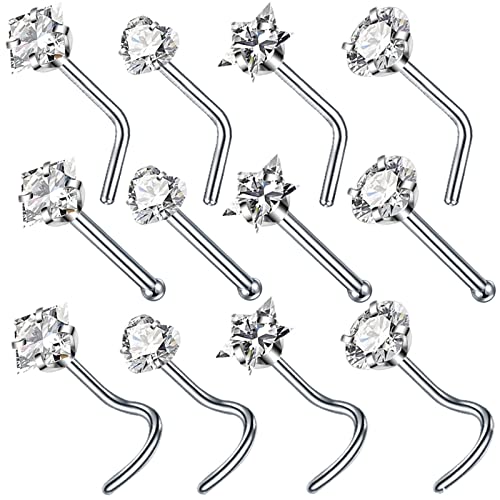 Anneaux de nez calibre 20 en acier chirurgical avec zircone cubique lot de 12 pièces