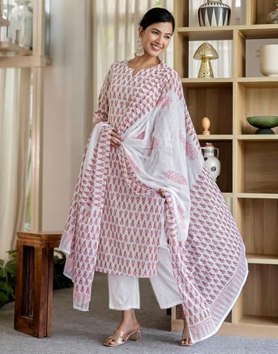 Image of SIRIL Women's Cotton Printed A-Line Kurta with Pant & Dupatta