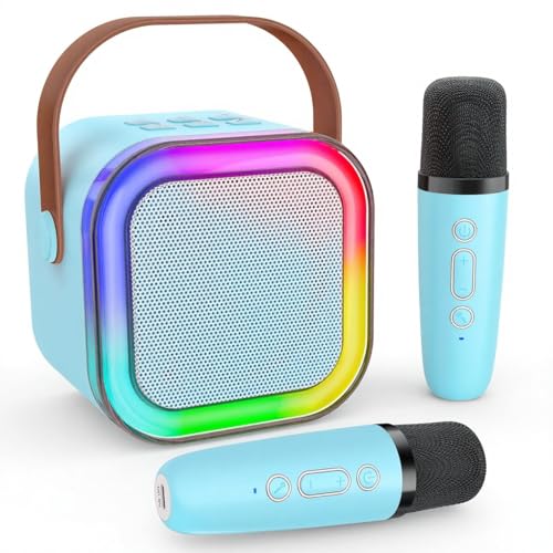 Image of Kids Karaoke Speaker with Wireless Microphone | Portable Bluetooth Singing Machine with LED Lights | Mini Rechargeable Karaoke System for Boys & Girls (2 Mic, Blue)