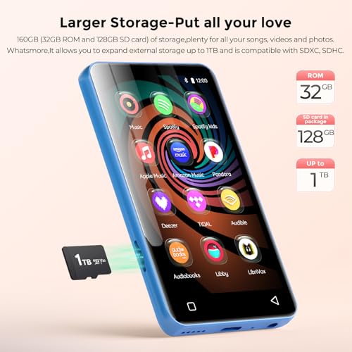 Image of MP3 Player with Bluetooth and WiFi, innioasis 160GB Music Player with Spotify,Pandora,Amazon Music,4 inch Touch Screen Android MP4 MP3 Player for Kids with Libby,Audible,Audiobooks(White-Blue)