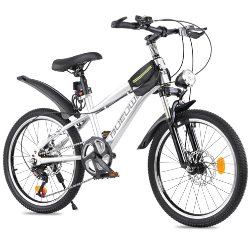 Bueuwe 20 24 Inch Kids Mountain Bike, Children Bicycles for Boys and Girls Ages 6-12, 7 Speed Teenager Bikes with Disc Brakes, Adjustable Handlebars and Seat, Kickstand,Silver,20 Inch