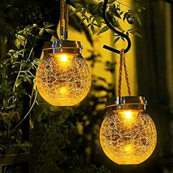 DBF Solar Lanterns Outdoor Waterproof, 2 Modes Solar Lantern Crackle Glass Ball Hanging Solar Lights Outdoor Waterproof Solar Garden Lights, Patio Garden Decor Decorative Lantern, 4 Pack