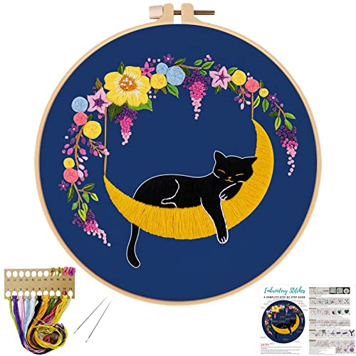 Image of Louise Maelys Cat Moon Embroidery Kit for Beginners Floral Design | Cross Stitch Kits for Adults Create Relaxing Crafts. Needlepoint Kit for Handmade Decor, Gifts and Creative Projects
