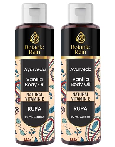 Botanic Rain Aceite corporal de vainilla Ayurveda – Aceite hidratante e hidratante de vitamina E orgánica – Aceite corporal para mujeres después de la ducha – Cuidado Ayurvédico para piel firme – 100