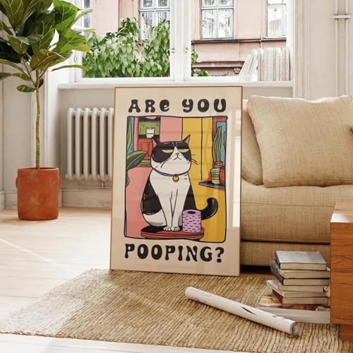 Chat qui fait caca toile déco amusante pour des toilettes pleines d'humour 20x30