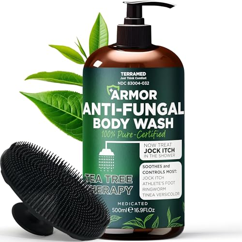 Antifungal Body Wash with Tea Tree Oil | Antifungal Soap for Back Acne,Treats Ringworm, Eczema & Jock Itch | Antifungal Body Soap For Men And Women | Includes Silicon Scrubber (16.9 oz)