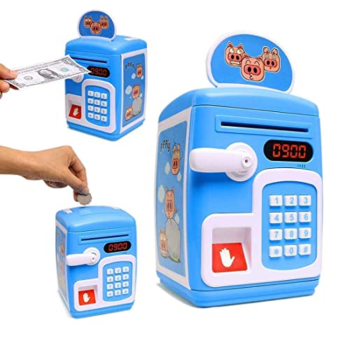 Image of Electric ATM Piggy Bank for Kids with Password Protection and Finger Sensor, Auto Roll Money Notes - Blue, Modern