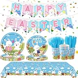 WINTS Happy Easter Party Supplies,152 Pcs Easter Tableware Set with Bunny Plates Napkins Cups Banner Tablecloth for Spring Eater Party Decorations Serves 25