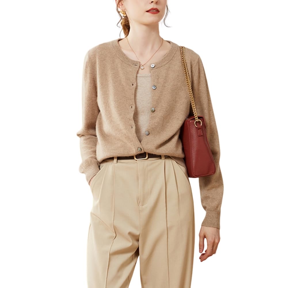 Valin Damen Kaschmir&Wolle Strickjacke Rundhals Langarm Cardigan Einfarbige Relaxed Dünner Kaschmir Strickjacke,VSP1201