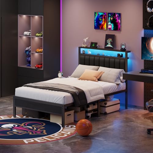 Image of Furnulem Full Size Bed Frame with Charging Station and LED Lights, Platform Bed with Metal Slats, Grey Upholstered Headboard with 2-Tier Storage Shelves, No Box Spring Needed