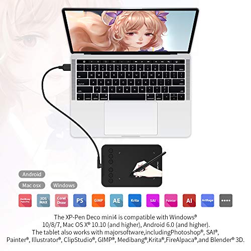 Image of XP-Pen Deco Mini 4 Graphics Pen Tablet 4 x 3 Inch with 8192 Levels Pressure Sensitivity Battery-Free Stylus, 6 Shortcut Keys & Android Support, Black Colour
