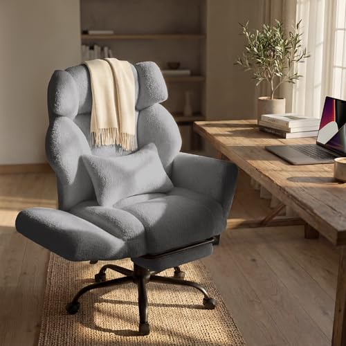 Image of Office Chair with Flip Armrests,Big and Tall Office Chair with Foot Rest,Extra Wide Seat & Lumbar Pillow,Comfy Criss Cross Chair for Pets Sitting,Ergonomic Computer Gaming Chair,Teddy Fleece,Grey