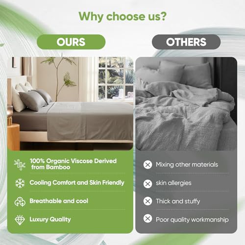 TWK Luxury Sheet Set, Genuine 100% Organic Viscose Derived from Bamboo, Cooling & Breathable, Silky Soft, Bedding Sheets & Pillowcases (Gray, Full)