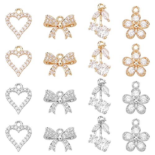 SUPERFINDINGS 16個 4スタイル 真鍮 蝶結び チャーム メタル マイクロパヴェ クリア キュービックジルコニア 花 ハート ペンダント 本物の18Kゴールドメッキ チャーム ペンダント キラキラパーツ ジュエリー ネックレス イヤリング作成用 穴：1.2-1.4mm ゴールドとシルバー - SUPERFINDINGS - 商品画像