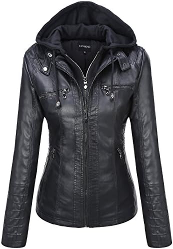 Tanming Womens Faux Leather Jacket Hooded Moto Biker Coat Outerwear Fall Fashion Outfits Winter Clothes