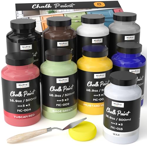 Nicpro Pintura de tiza de 8 colores para muebles, pintura acrílica de acabado ultramate para manualidades, pintura de tiza no tóxica para muebles, madera, metal, gabinetes, decoración del hogar con