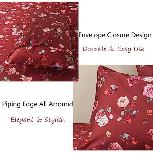 Image of FADFAY Red Rose Sheets Set Full Vintage Rose Floral Bedding Chic Rose Flower Bed Sheets Shabby Farmhouse Bedding 100% Percale Egyptian Cotton 800 Thread Count Deep Pocket Fitted Sheet 4Pcs, Full Size